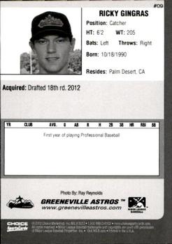 2012 Choice Greeneville Astros #09 Ricky Gingras Back