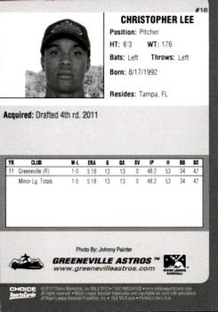 2012 Choice Greeneville Astros #16 Christopher Lee Back
