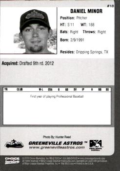 2012 Choice Greeneville Astros #18 Daniel Minor Back