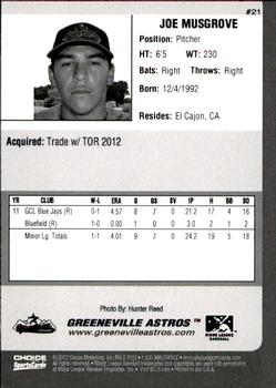 2012 Choice Greeneville Astros #21 Joe Musgrove Back