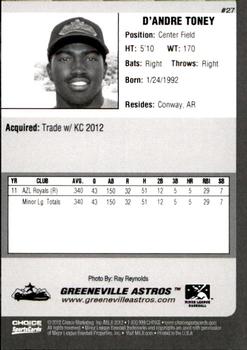2012 Choice Greeneville Astros #27 D'Andre Toney Back