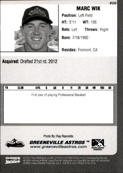 2012 Choice Greeneville Astros #29 Marc Wik Back