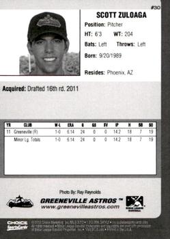 2012 Choice Greeneville Astros #30 Scott Zuloaga Back