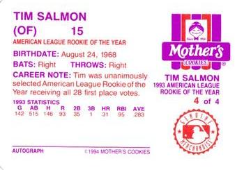 1994 Mother's Cookies Tim Salmon #4 Tim Salmon Back