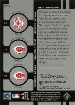 2000 Upper Deck Ultimate Victory - Hall of Fame Game Jersey #UV-C Carlton Fisk / Sparky Anderson / Tony Perez Back