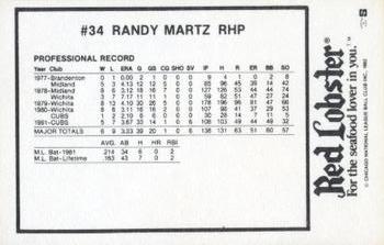 1982 Red Lobster Chicago Cubs #NNO Randy Martz Back