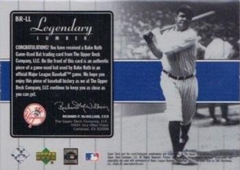 2000 Upper Deck Yankees Legends - Legendary Lumber #BR-LL Babe Ruth  Back