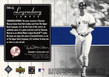 2000 Upper Deck Yankees Legends - Legendary Lumber #TM-LL Thurman Munson  Back