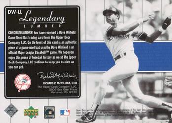 2000 Upper Deck Yankees Legends - Legendary Lumber #DW-LL Dave Winfield  Back