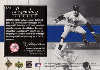 2000 Upper Deck Yankees Legends - Legendary Lumber Gold #BD-LL Bucky Dent  Back