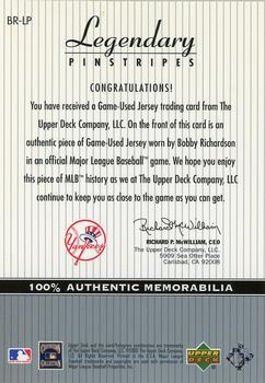 2000 Upper Deck Yankees Legends - Legendary Pinstripes #BR-LP Bobby Richardson  Back