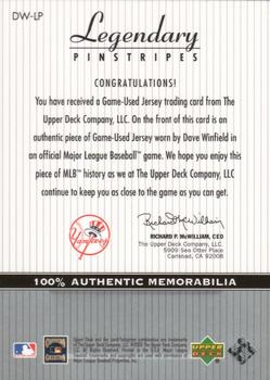 2000 Upper Deck Yankees Legends - Legendary Pinstripes #DW-LP Dave Winfield  Back