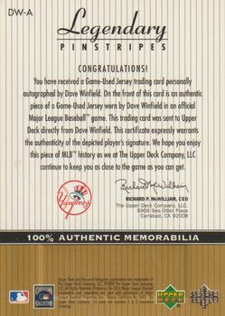 2000 Upper Deck Yankees Legends - Legendary Pinstripes Autographed #DW-A Dave Winfield  Back
