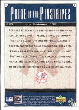 2000 Upper Deck Yankees Legends - Pride of the Pinstripes #PP3 Joe DiMaggio  Back
