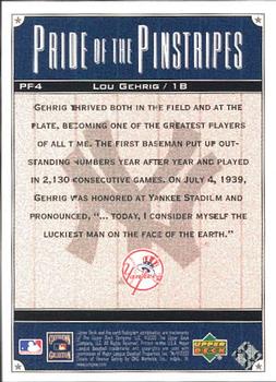 2000 Upper Deck Yankees Legends - Pride of the Pinstripes #PP4 Lou Gehrig  Back