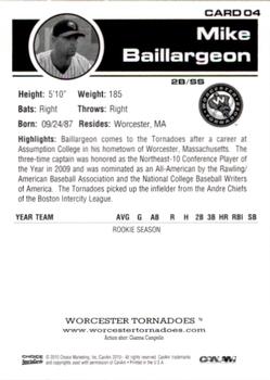 2010 Choice Worcester Tornadoes #04 Mike Baillargeon Back