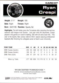 2010 Choice Worcester Tornadoes #07 Ryan Crespi Back