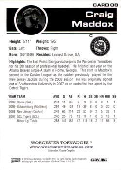 2010 Choice Worcester Tornadoes #08 Craig Maddox Back