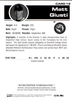 2010 Choice Worcester Tornadoes #12 Matt Giusti Back