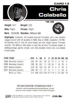 2010 Choice Worcester Tornadoes #13 Chris Colabello Back