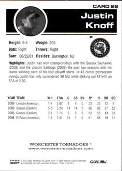 2010 Choice Worcester Tornadoes #22 Justin Knoff Back