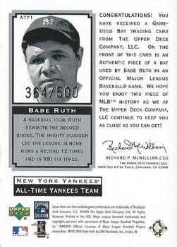 2000 Upper Deck Yankees Master Collection - All-Time Yankees Game-Used Bats #ATY1 Babe Ruth  Back