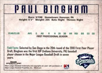 2010 Grandstand Eugene Emeralds #NNO Paul Bingham Back