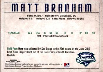 2010 Grandstand Eugene Emeralds #NNO Matt Branham Back