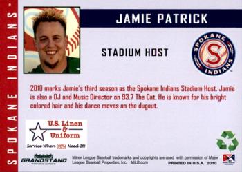 2010 Grandstand Spokane Indians #NNO Jamie Patrick Back
