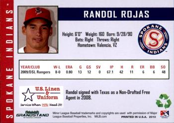 2010 Grandstand Spokane Indians #NNO Randol Rojas Back