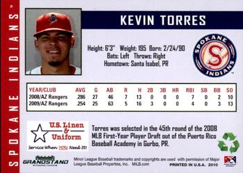 2010 Grandstand Spokane Indians #NNO Kevin Torres Back