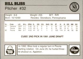 1993 Peoria Chiefs #NNO Bill Bliss Back
