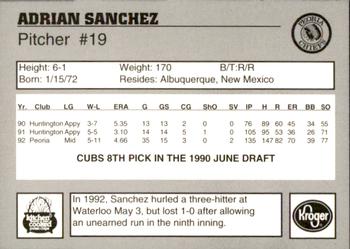 1993 Peoria Chiefs #NNO Adrian Sanchez Back