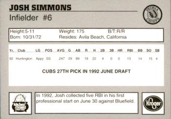 1993 Peoria Chiefs #NNO Josh Simmons Back