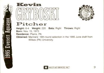 1995 Multi-Ad Everett AquaSox #9 Kevin Gryboski Back