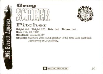 1995 Multi-Ad Everett AquaSox #20 Greg Scheer Back