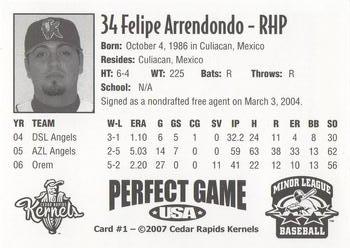2007 Perfect Game Cedar Rapids Kernels #1 Felipe Arredondo Back