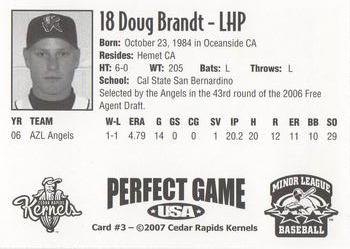 2007 Perfect Game Cedar Rapids Kernels #3 Doug Brandt Back