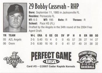 2007 Perfect Game Cedar Rapids Kernels #5 Bobby Cassevah Back