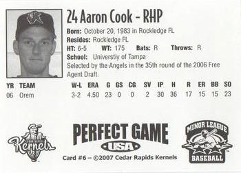 2007 Perfect Game Cedar Rapids Kernels #6 Aaron Cook Back