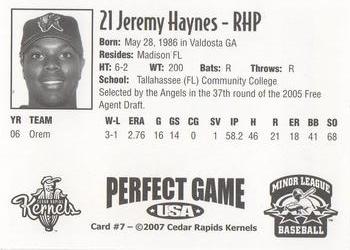 2007 Perfect Game Cedar Rapids Kernels #7 Jeremy Haynes Back