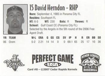 2007 Perfect Game Cedar Rapids Kernels #8 David Herndon Back