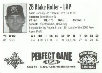 2007 Perfect Game Cedar Rapids Kernels #9 Blake Holler Back