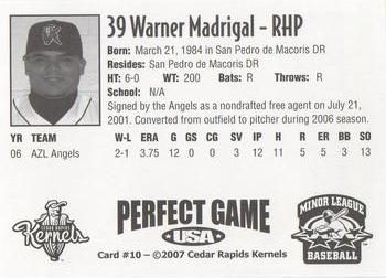 2007 Perfect Game Cedar Rapids Kernels #10 Warner Madrigal Back