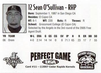 2007 Perfect Game Cedar Rapids Kernels #11 Sean O'Sullivan Back