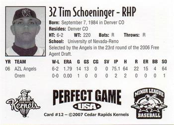 2007 Perfect Game Cedar Rapids Kernels #12 Tim Schoeninger Back