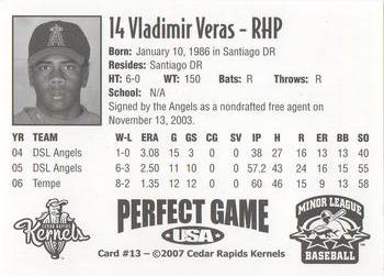 2007 Perfect Game Cedar Rapids Kernels #13 Vladimir Veras Back