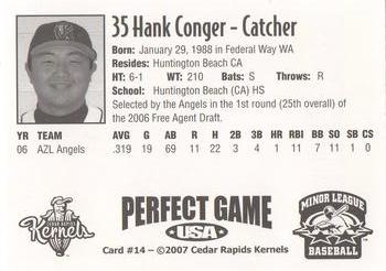 2007 Perfect Game Cedar Rapids Kernels #14 Hank Conger Back