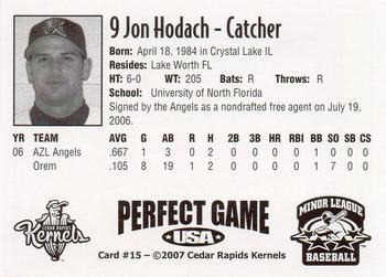 2007 Perfect Game Cedar Rapids Kernels #15 Jon Hodach Back