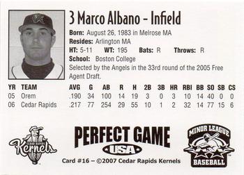 2007 Perfect Game Cedar Rapids Kernels #16 Marco Albano Back